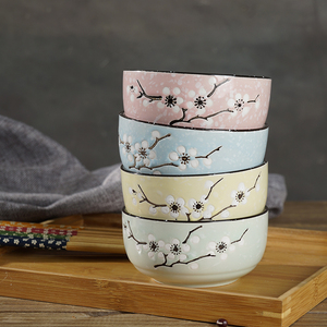 陶瓷碗家用碗单个吃饭小碗可爱日式碗碟餐具雪花釉梅花手绘彩色