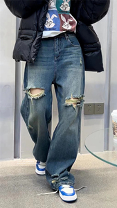 十三行欧货2024韩版夏季新款高腰潮流个性破洞直筒拖地牛仔裤子女