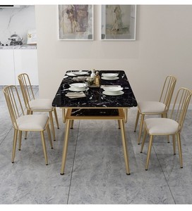 北欧风大理石两层餐桌家用双层小户型现代极简金色轻奢饭桌长方形
