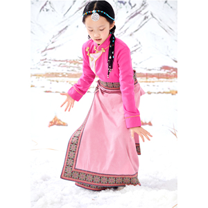 藏族儿童服装民族风中国风一片式半身裙粉红色裹裙刺绣女童演出服