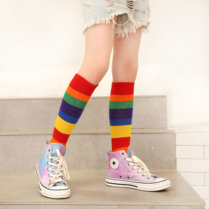 女童长筒袜子春秋季彩色韩版条纹儿童堆堆袜彩虹袜宝宝中筒过膝袜