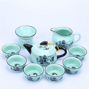 青花瓷青瓷功夫茶具套装 盖碗茶鱼杯长嘴茶壶杯青花瓷整套特价