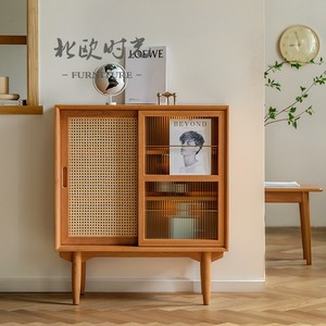 北欧实木书柜现代简约置物柜客厅电视边柜藤编日式储物柜原木家具