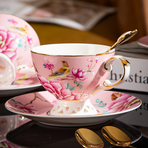 高级感骨瓷咖啡杯碟陶瓷花茶杯壶套装家用下午花茶具粉色女生杯子