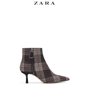 ZARA新款 女鞋 冬季 格子印花面料高跟尖头短…