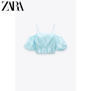 ZARA 女装上衣夏天 法式蓝色吊带上衣一字肩泡泡袖短款衬衫