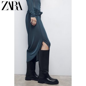 ZARA新品 TRF 女鞋 黑色复古平底机车靴长筒靴 3004211 800