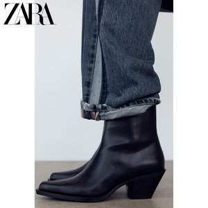 ZARA2024秋季新品 女鞋 黑色牛仔式复古粗跟高跟尖头短靴 3105410