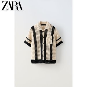 ZARA 24夏季新品 童装男童 条纹镂空针织衬衫 5536752 800