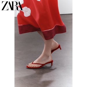 ZARA春夏季新品 女鞋 红色夹趾中跟露跟猫跟时尚凉鞋 1333310 600