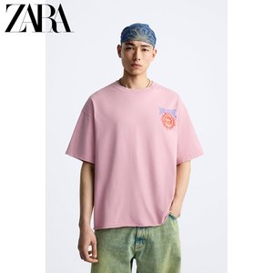 ZARA24夏季新品 男装 美式粉红色印花潮流短袖T恤 6224450 633