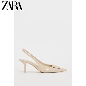 ZARA春季新品 女鞋 漆皮效果米色尖头露跟穆勒高跟鞋 2276310002