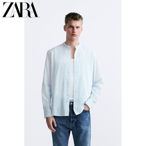 ZARA24春季新品 男装 天蓝色棉质宽松休闲长袖衬衫 6103401 403