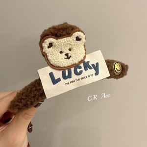 Lucky小熊！可爱毛绒绒抓夹!小熊贴布发夹甜酷毛绒大号盘发鲨鱼夹