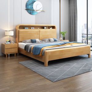 实木床简约现代1.5米双人床主卧出租房家用可储物1.2米单人床架