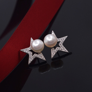925银天然淡水真珍珠耳钉女短款时尚个性缺角镂空五角星镶钻耳环