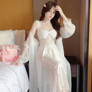 宫廷风白色仙女睡衣女性感冰丝夏季吊带睡裙中长款带胸垫蕾丝晨袍