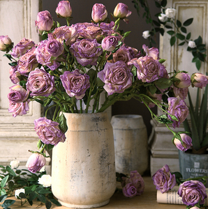 3支复古法式油画玫瑰仿真花焦边古典假花客厅餐桌花高档月季紫色
