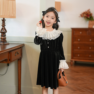 女童连衣裙黑色丝绒亲子装法式秋款蕾丝娃娃领洋气母女装儿童裙子