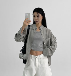 Blackup韩国官网代购 [MADE] 慵懒混搭 中性风条纹单衣袋宽松衬衣