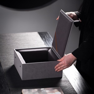 中式灰色绒布 简约正方形包装盒瓷盘碗壶承礼品盒锦盒定制