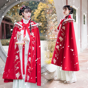 原创明制斗篷汉服女加绒加厚马面裙外套中国风披风古装红色过年冬
