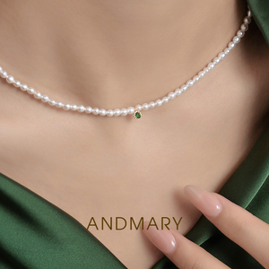 andmary小米珠项链轻奢时尚小珍珠颈链天然淡水珍珠绿宝吊坠项链