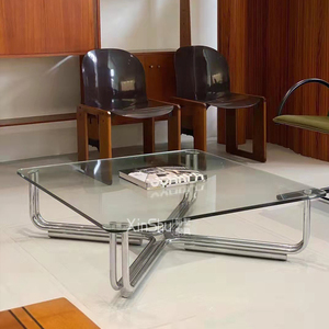 现代简约边几透明钢化玻璃客厅茶桌方形不锈钢腿茶桌工业风极简桌