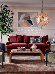 法式中古红色丝绒布艺沙发美式复古客厅民宿设计师双人沙发小户型