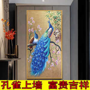 数字油画孔雀diy手绘填色油彩画客厅玄关竖版装饰画风景招财风水