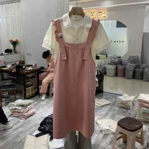 粉红色宽松森日系背带裙两件套女2024夏新款甜美小个子绿色连衣裙