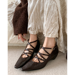 Kmeizu巨软~羊皮单鞋女时尚交叉绑带中跟罗马4.5cm粗跟玛丽珍鞋