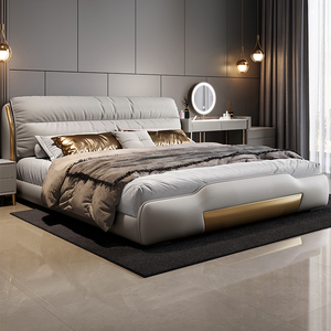 高端真皮床现代简约轻奢双人软床软包靠背储物婚床1.8米2米皮艺床