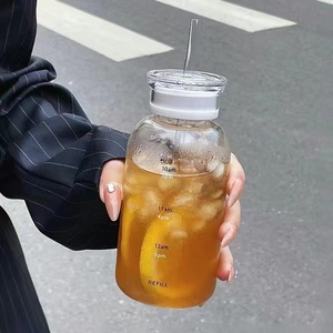 韩版时间刻度吸管玻璃水杯学生旅行运动简约清新带袋子便携打包