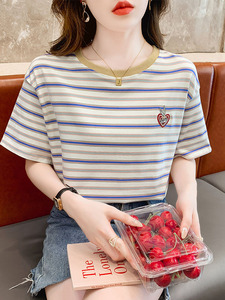 韩国夏季新款条纹纯棉刺绣正肩短袖t恤女欧货上衣设计感宽松体恤