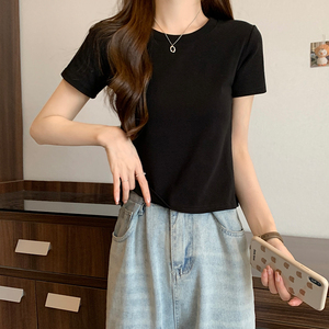 韩系辣妹高腰修身短款T恤女夏季小个子短袖上衣纯色基础正肩体恤