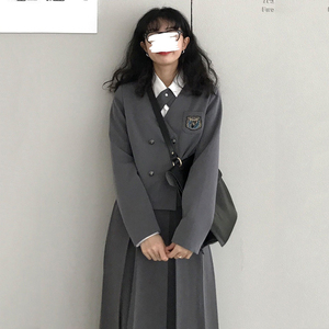 春夏学院风西装套装女2023日系甜酷校供高中生班服高腰长款百褶裙