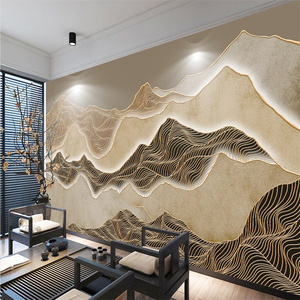 茶室壁画新中式采耳馆壁纸艺术复古意境抽象金线水墨山水背景墙纸