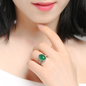 925银绿玛瑙水晶戒指女祖母绿宝石复古镶嵌玉髓食指开口装饰品