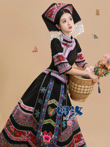 妈汝新款广西壮族女三月三棉麻刺绣传统演出摄影少数民族服装黑色