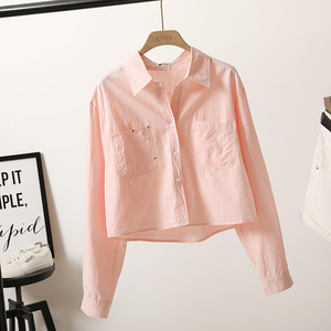 初夏新款韩版短款粉红色两口袋长袖衬衫女纯棉时尚休闲上衣JYL372