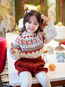女童毛衣新年红色秋冬装新款儿童韩版女宝加绒加厚针织白色打底衫