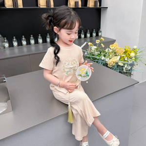 女童套装夏季新款2024中国风女宝宝短袖刺绣上衣冰丝阔腿裤两件套