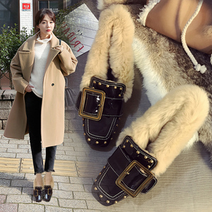 加绒毛毛鞋女冬季高跟鞋子2017新款粗跟韩版中跟百搭外穿豆豆