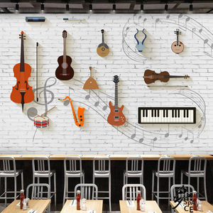 音乐琴行培训学校教室背景墙纸吉他工作室3d立体壁纸复古定制壁画
