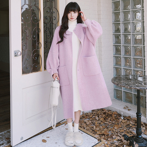 粉紫色灯笼袖双面羊绒大衣毛呢子外套女秋冬2023年新款韩系中长版