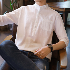 夏季短袖衬衫男韩版潮流帅气纯色上衣男式百搭七分袖春装半袖衬衣