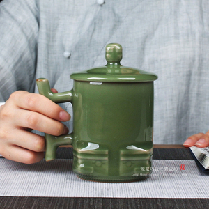 龙泉王文手工青瓷茶杯朱砂胎杯子陶瓷水杯带盖办公室泡茶杯礼品杯