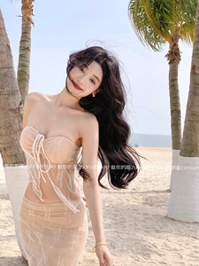 泰国度假沙滩长裙抹胸蕾丝性感超仙小胸显瘦分体泳衣女比基尼欧美