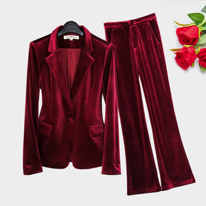 红色丝绒西装外套女韩版高端职业时尚气质上衣金丝绒西服两件套装